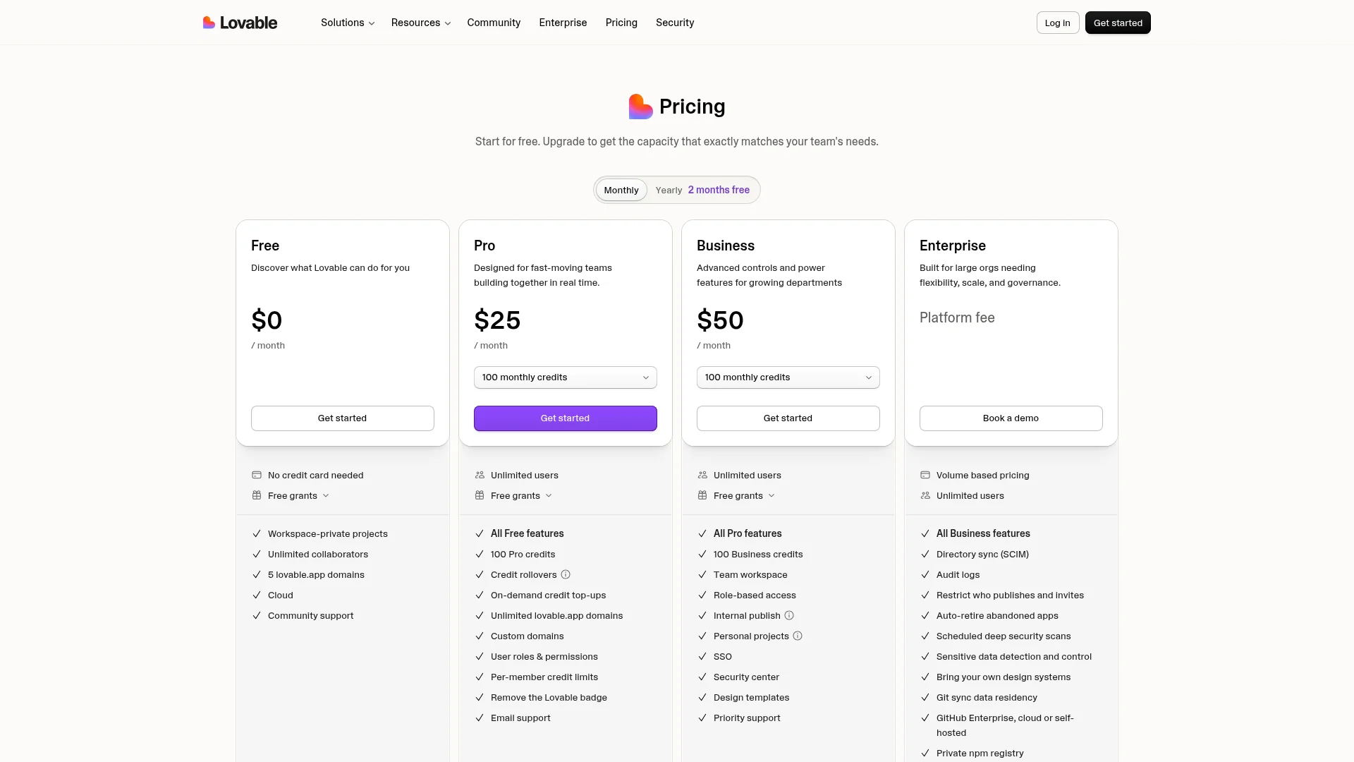 Lovable 2026 pricing page showing Free, Pro, Business, and Enterprise plans