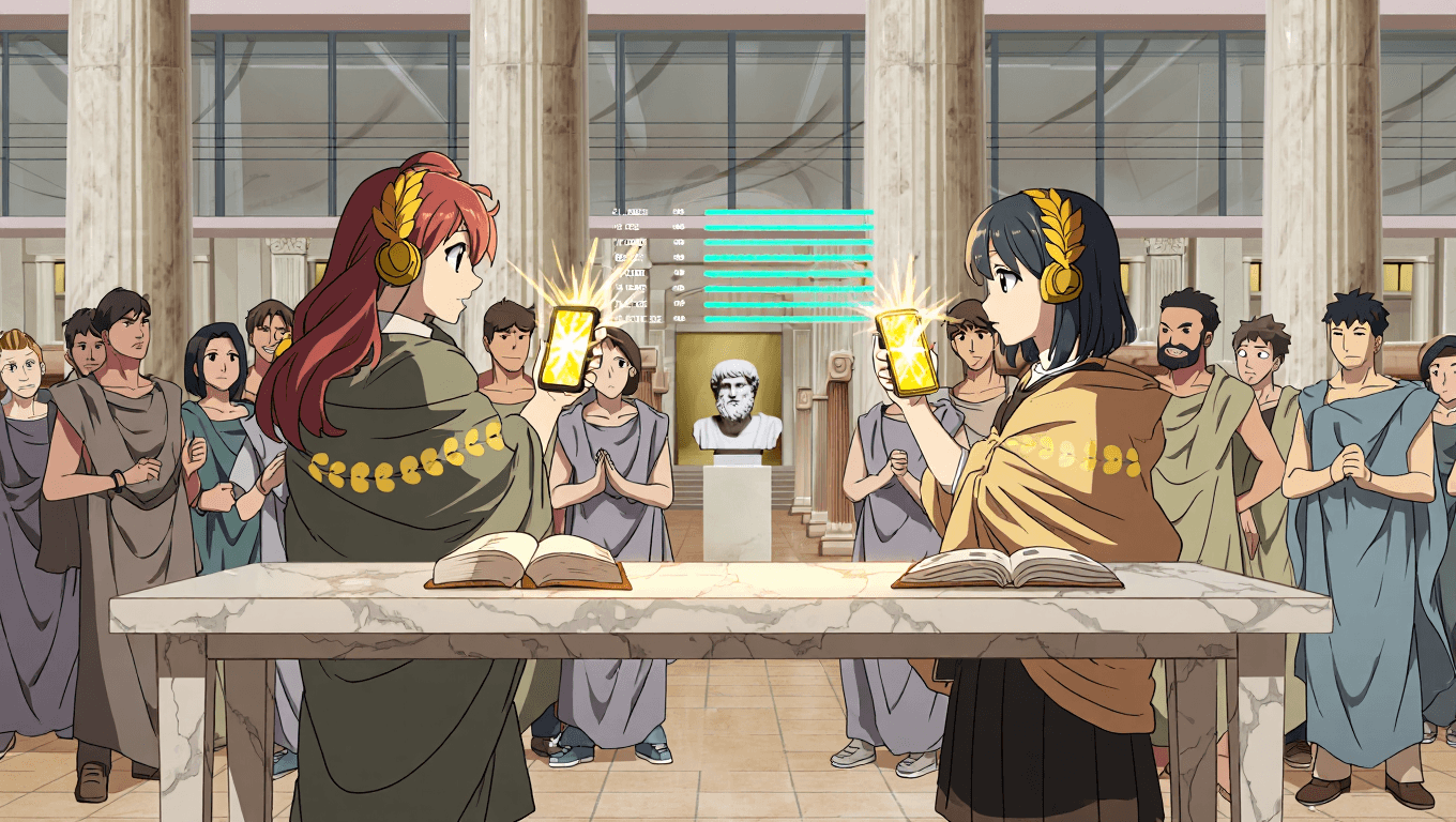 Two students dueling in a quiz tournament on glowing smartphones while classmates cheer