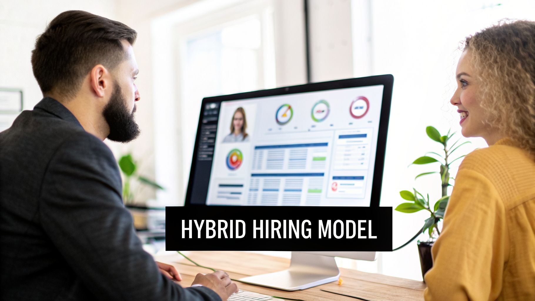 Two professionals review a hybrid hiring model on a computer screen in a modern office.