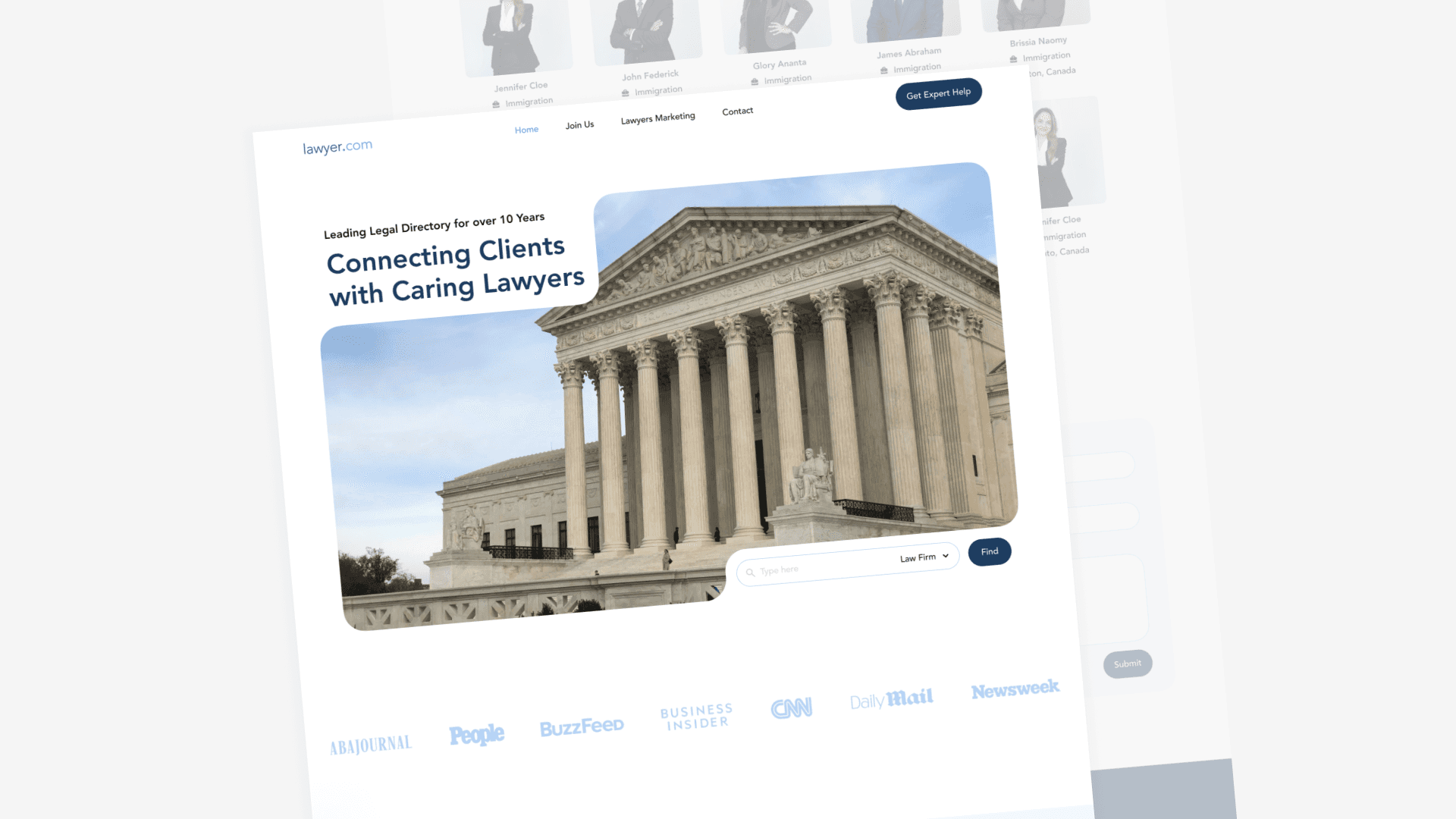 Website homepage featuring a grand neoclassical courthouse with columns under a blue sky. Text reads "Connecting Clients with Caring Lawyers." Logos of media outlets are displayed below.