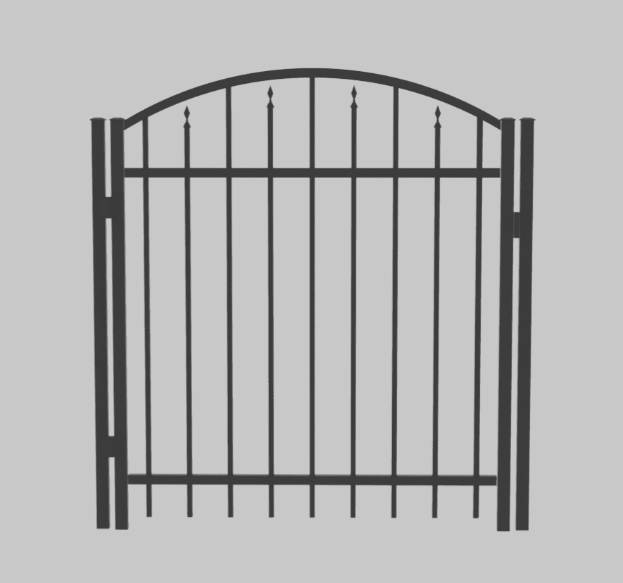 Black-and-white illustration of an arched aluminum walk gate with a smooth top rail and internal spear detailing.