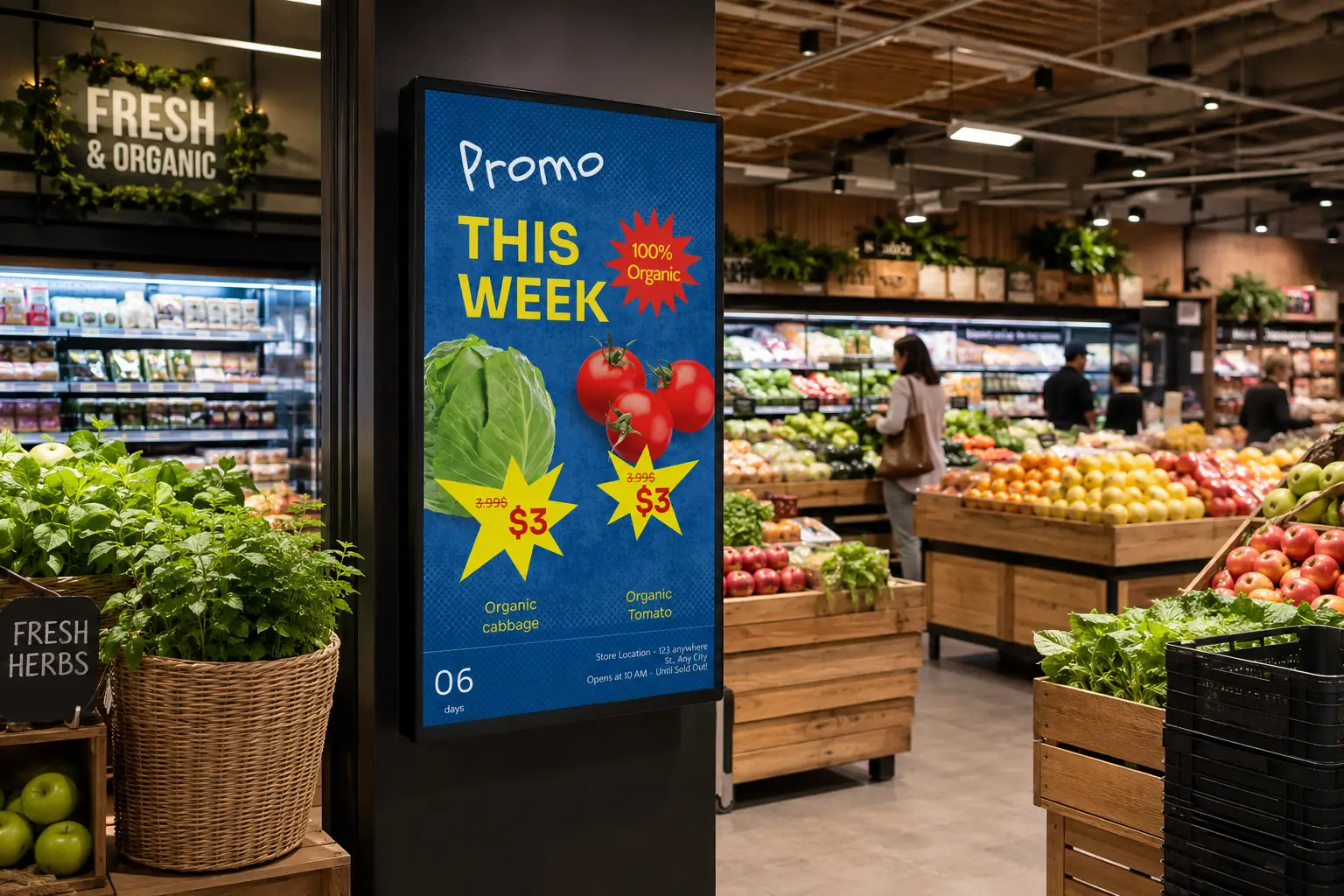 Grocery store digital signage screen displaying weekly promotions above the produce aisle.