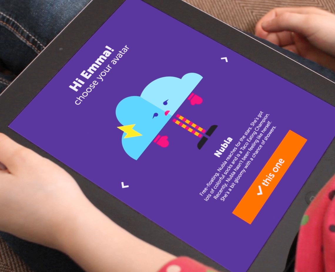 A tablet displays a purple screen with a cartoon avatar of a blue cloud wearing a yellow lightning bolt. The text “Hi Emma! choose your avatar” appears at the top left, and “Nubla” appears below the avatar. Below the avatar, text reads “Free-floating. Nubla reacts for the stars. She’s got lots of colorful socks and is a Taco Eating Champion. Recently, Nubla hasn’t been feeling like herself. She’s a bit gloomy with a chance of showers.” An orange button labeled “this one” with a checkmark is at the bottom right. A person’s hands are partially visible holding the tablet.