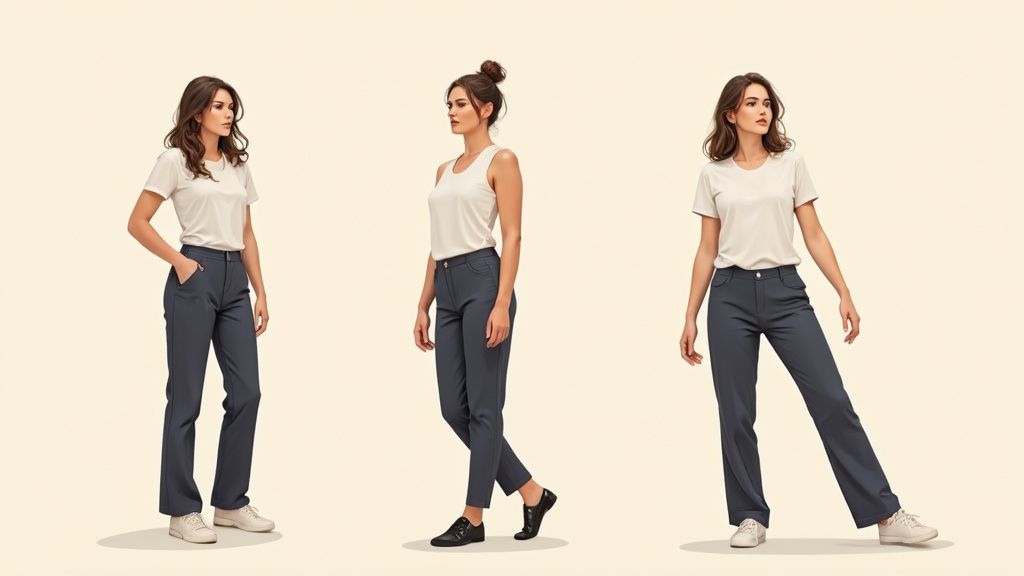 Drei Modelaufnahmen einer Frau in verschiedenen Standposen mit weißem Oberteil und dunkelblauer Hose