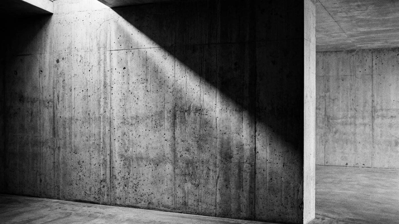 A concrete wall cut by a shaft of daylight