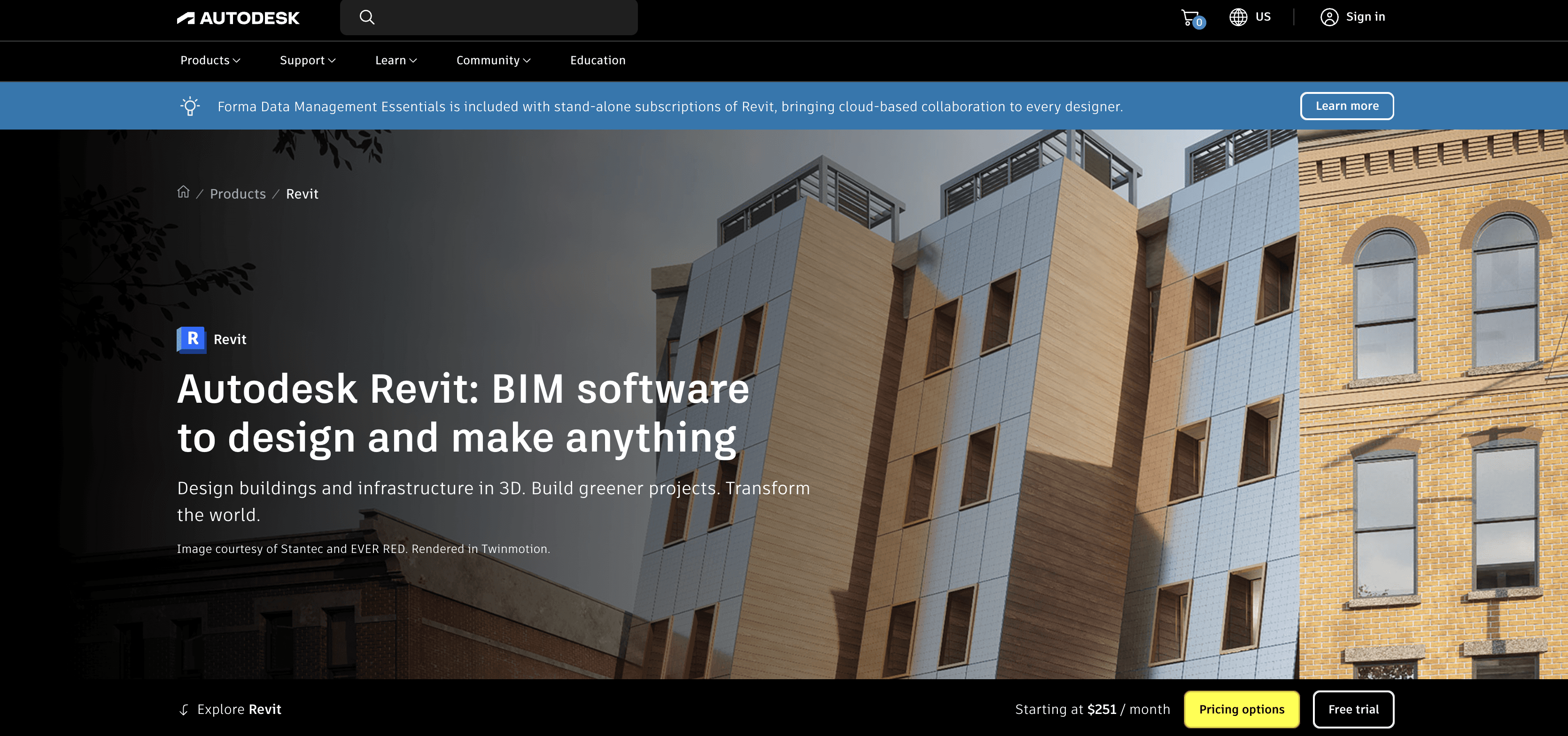 Autodesk Revit product page screenshot for BIM software used in building design and documentation