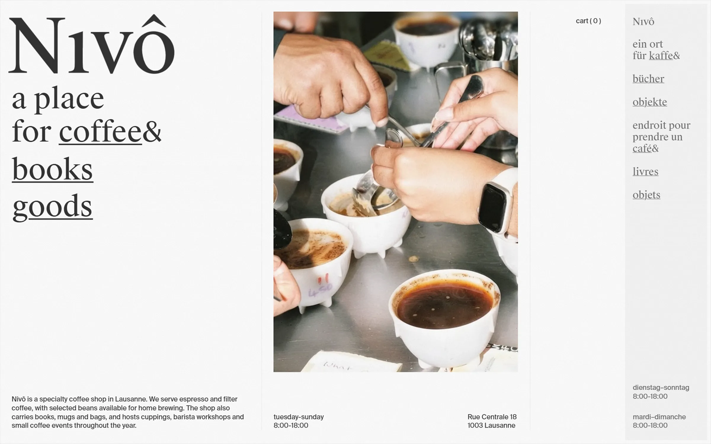 Nivô homepage design with large serif typography, a coffee tasting photograph and multilingual navigation