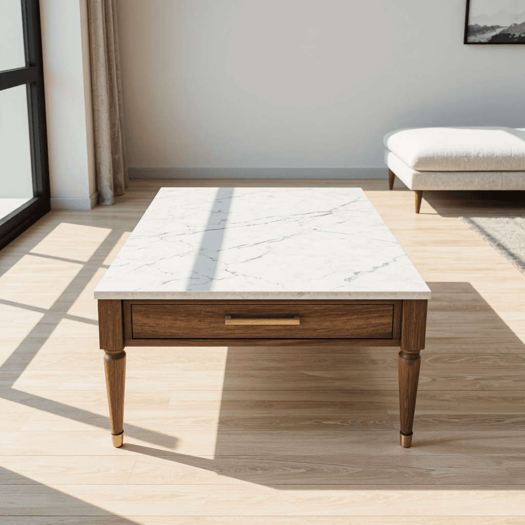 product photography of a coffee table with a marble top and a drawer