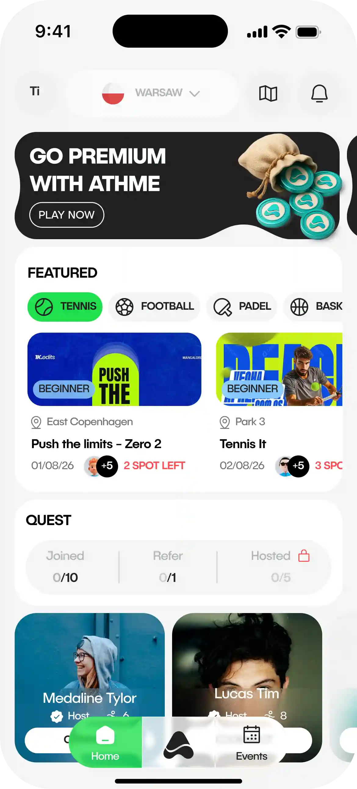 THME sports event mobile app home screen with 4500+ users, premium subscription banner, featured sports categories, and quest dashboard
