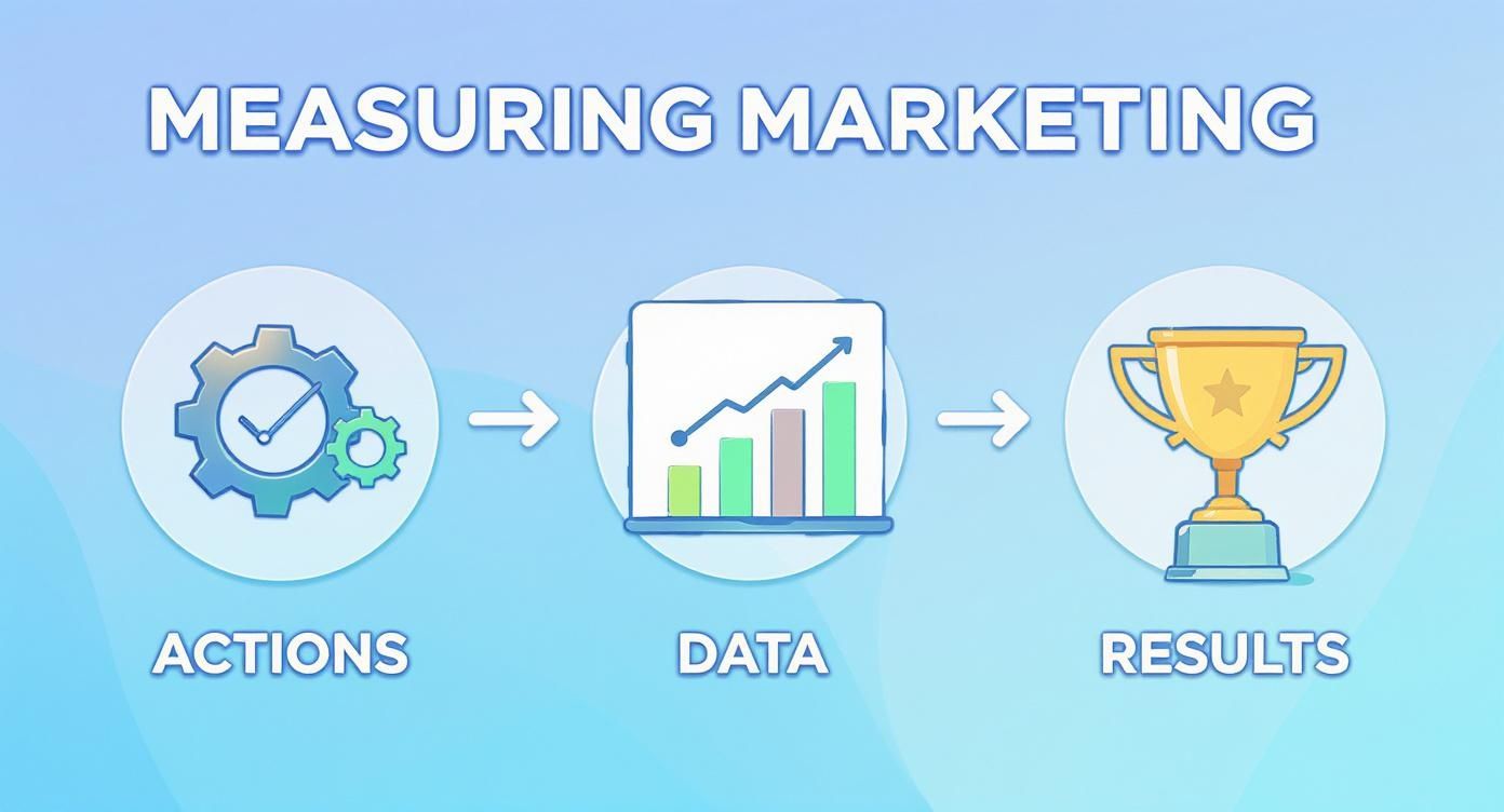 Infographic illustrating the process of measuring marketing: actions lead to data, which leads to results.