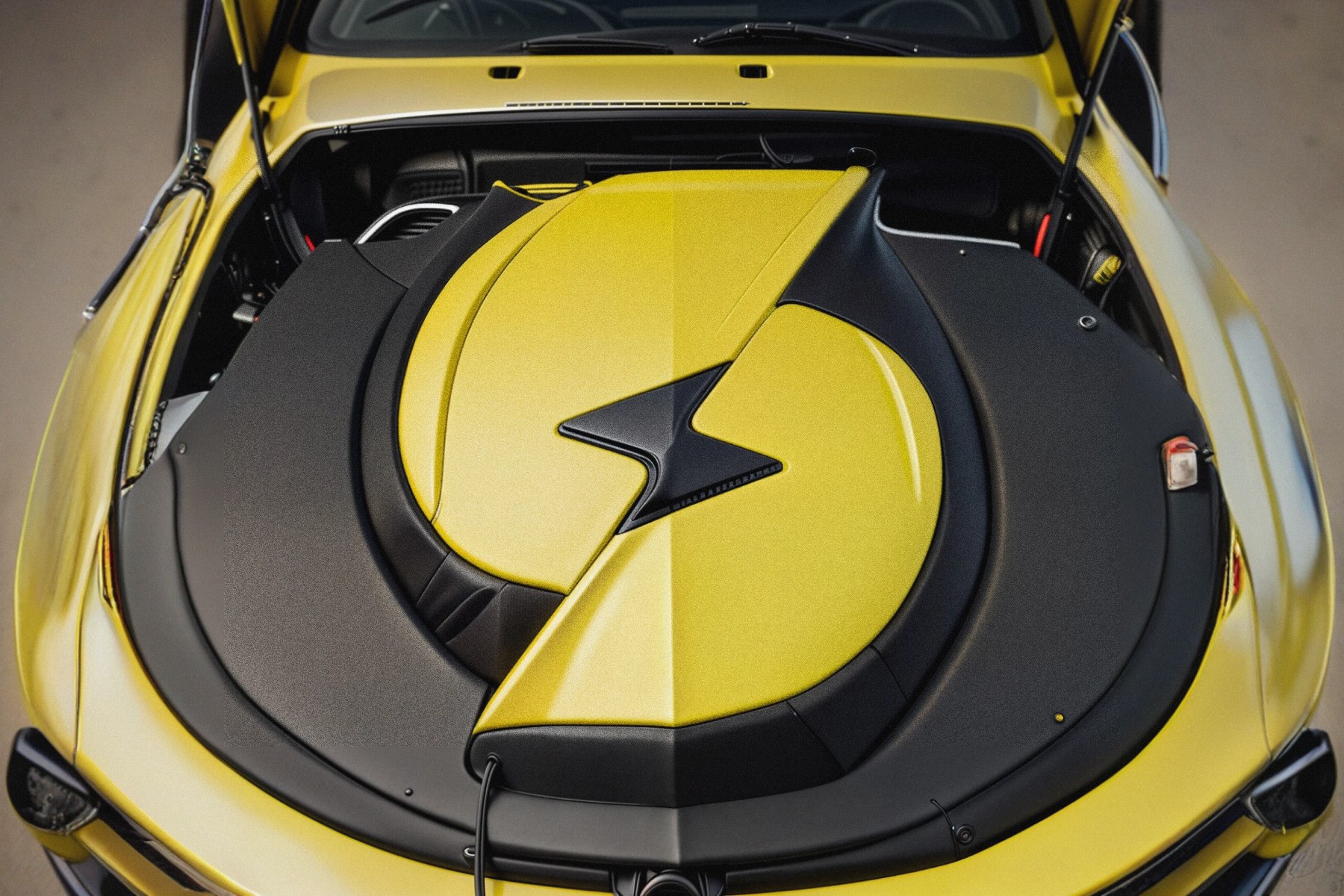 The top view of a car engine cover that is a skeuomorphic version of the Shop Controller-S lightning bolt icon to show and represent that the Shop Controller brand is the engine of your business 