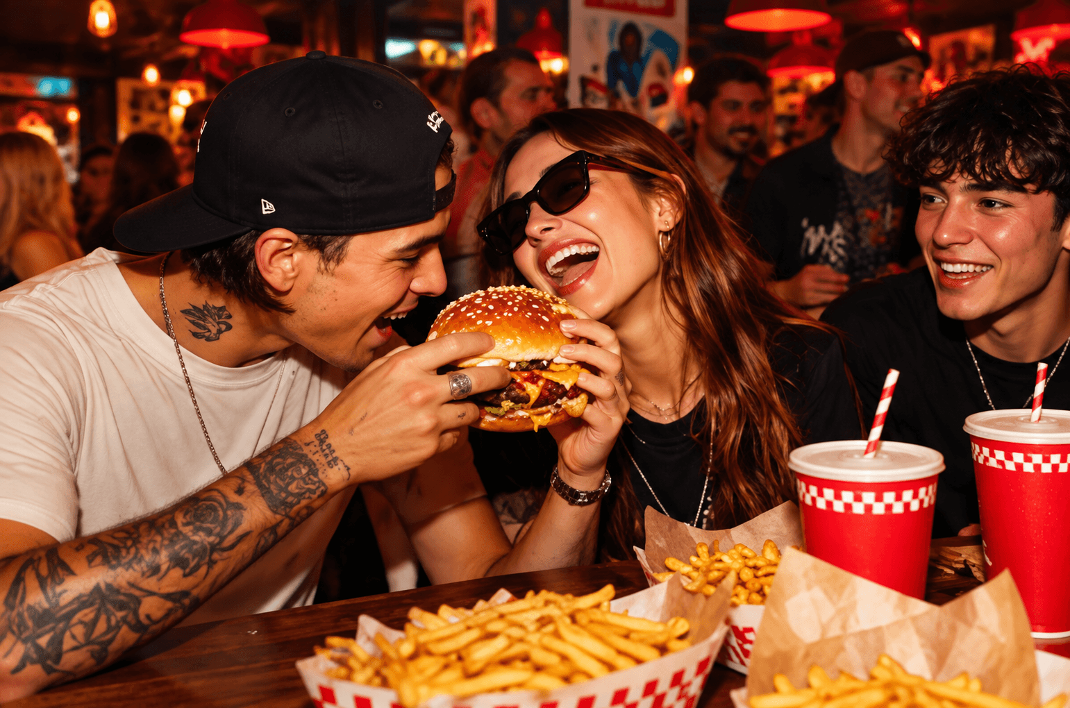 Friends sharing burgers at a long table