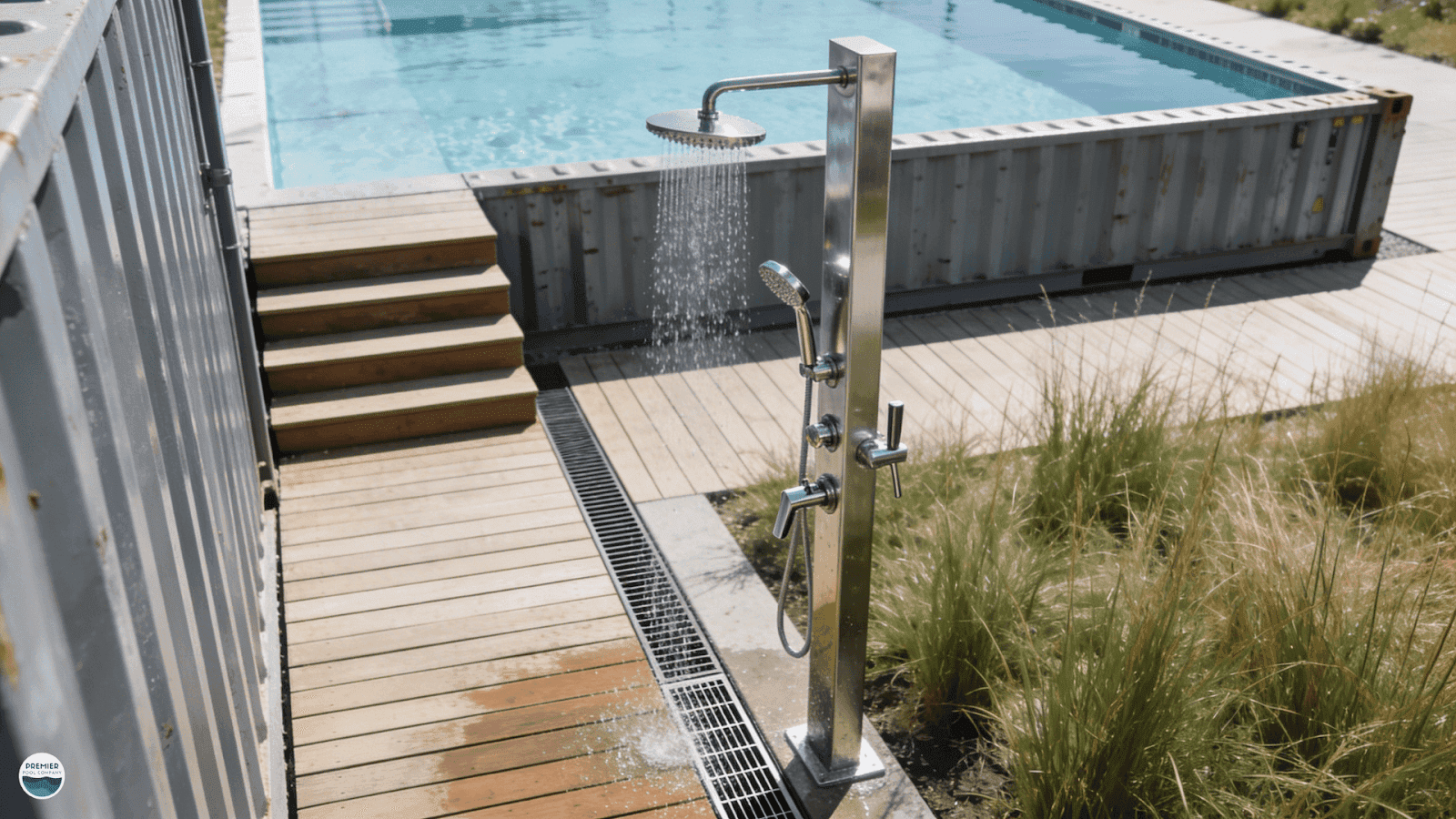 Outdoor shower and safety setup for backyard container pool