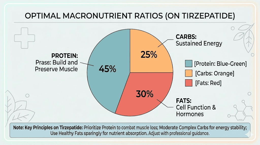 Optimal macronutrient ratio for tirzepatide weight loss showing protein, carbs, and fat percentages