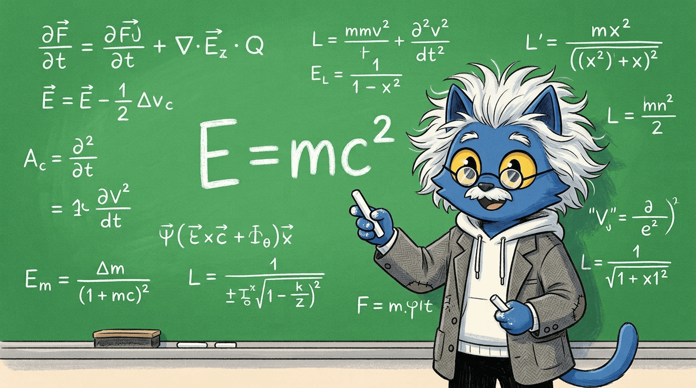 Blue cartoon cat with white hair pointing at a chalkboard filled with advanced math formulas including E=mc²