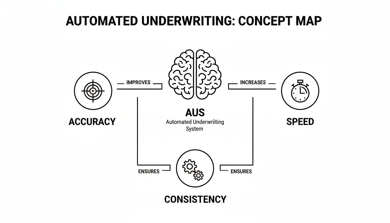 Concept map illustrating how Automated Underwriting System improves accuracy, increases speed, and ensures consistency.