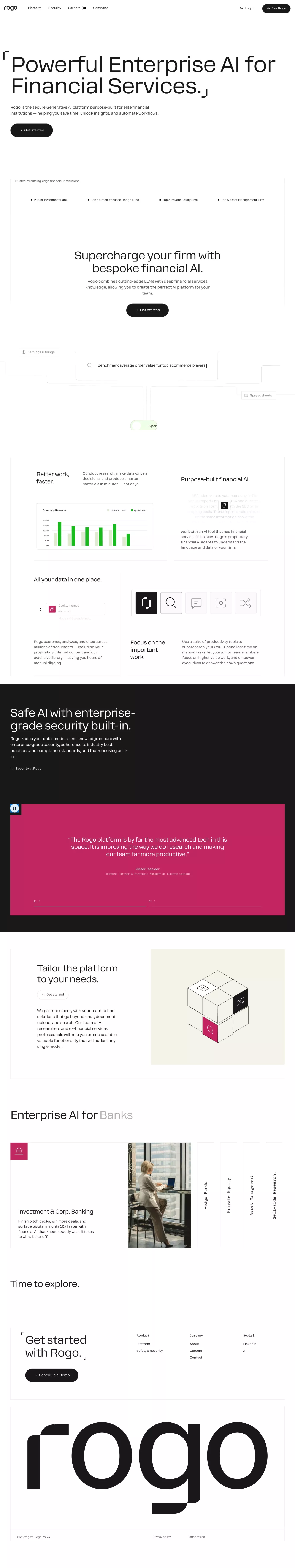 Rogo landing page screenshot showcasing Tech and Finance design