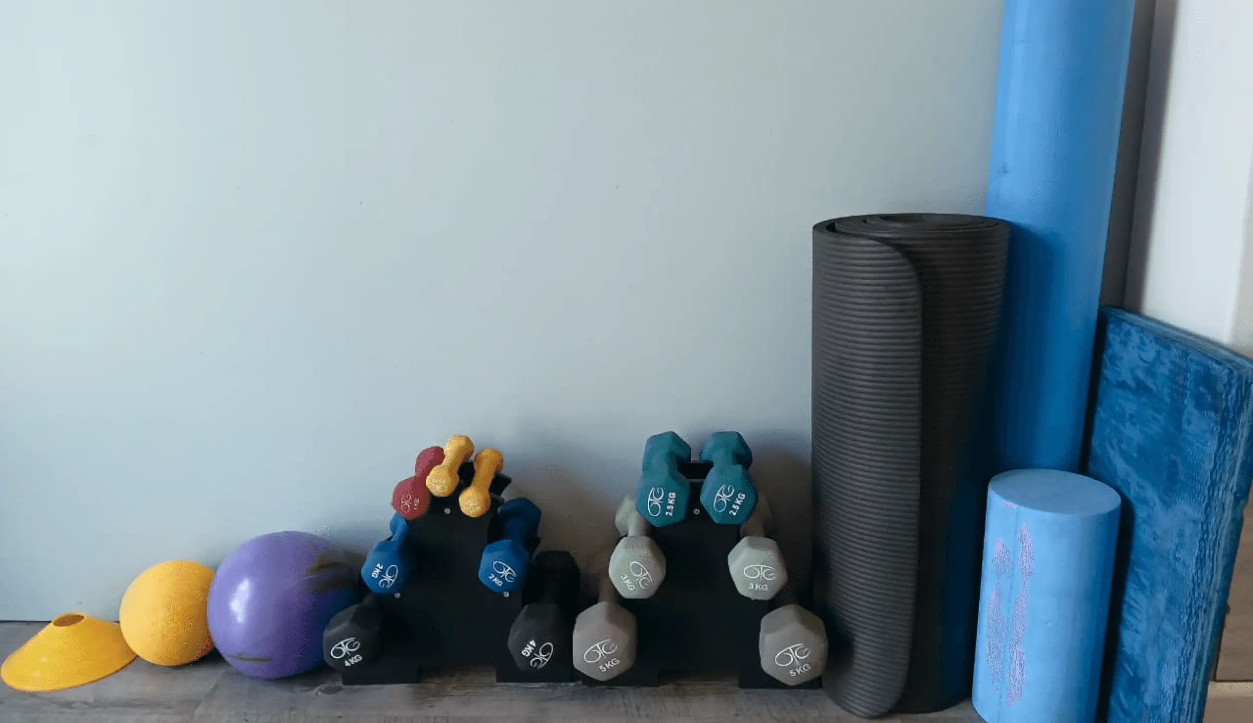 Various clinic exercise equipment ranging from free weights to foam rollers and exercise balls