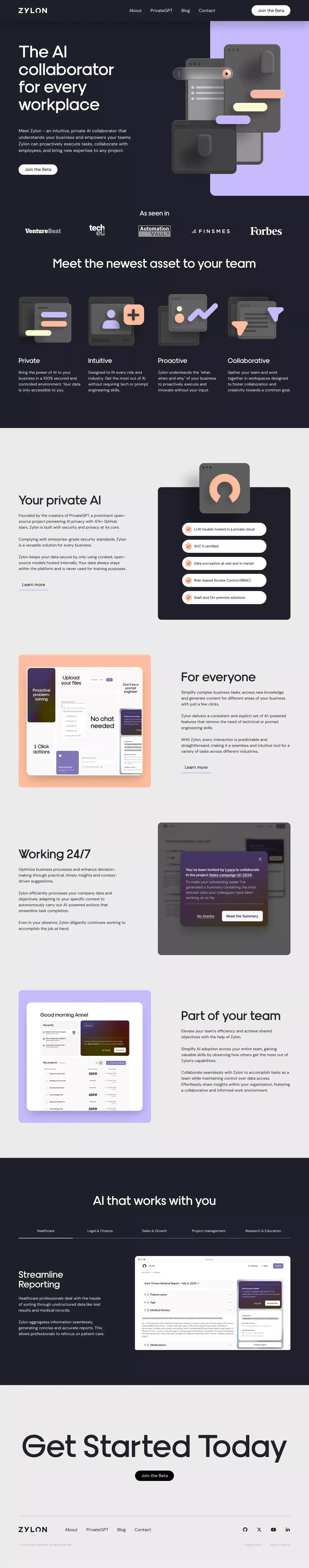 Zylon landing page screenshot showcasing Tech and AI design
