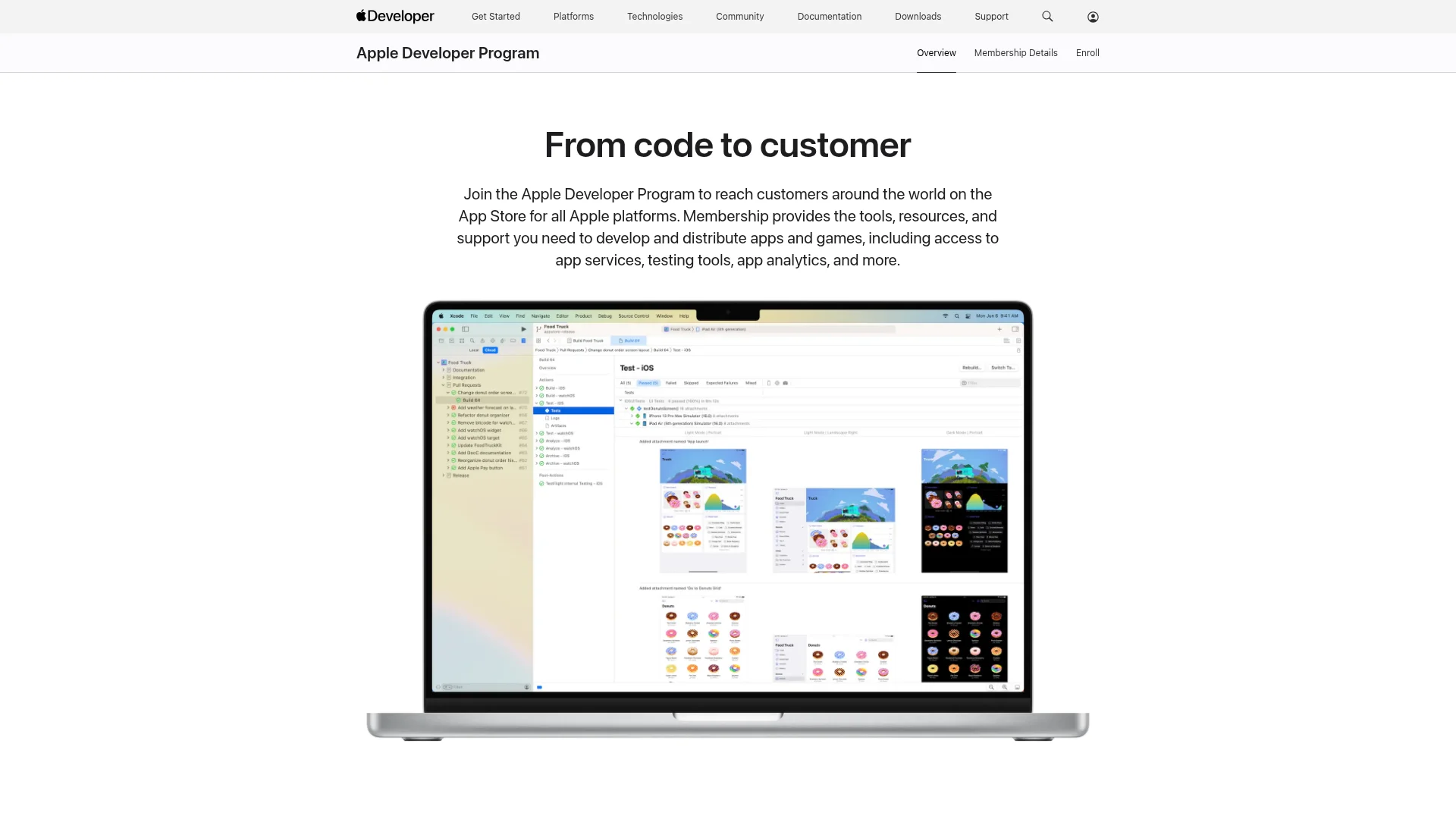 The Apple Developer Program enrollment page showing membership benefits and pricing.