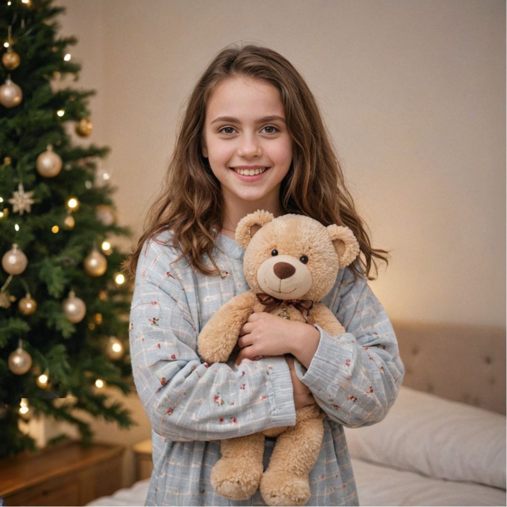 14 year old girl wearing grey PJs holding a teddy bear with a christmas tree in the background