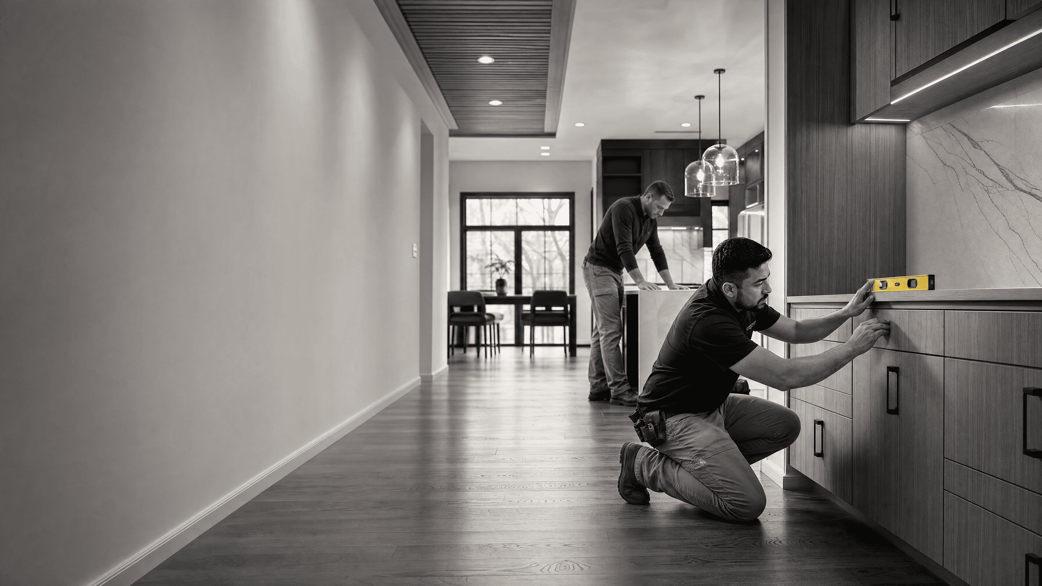Two construction professionals performing final cabinetry checks in a finished kitchen.