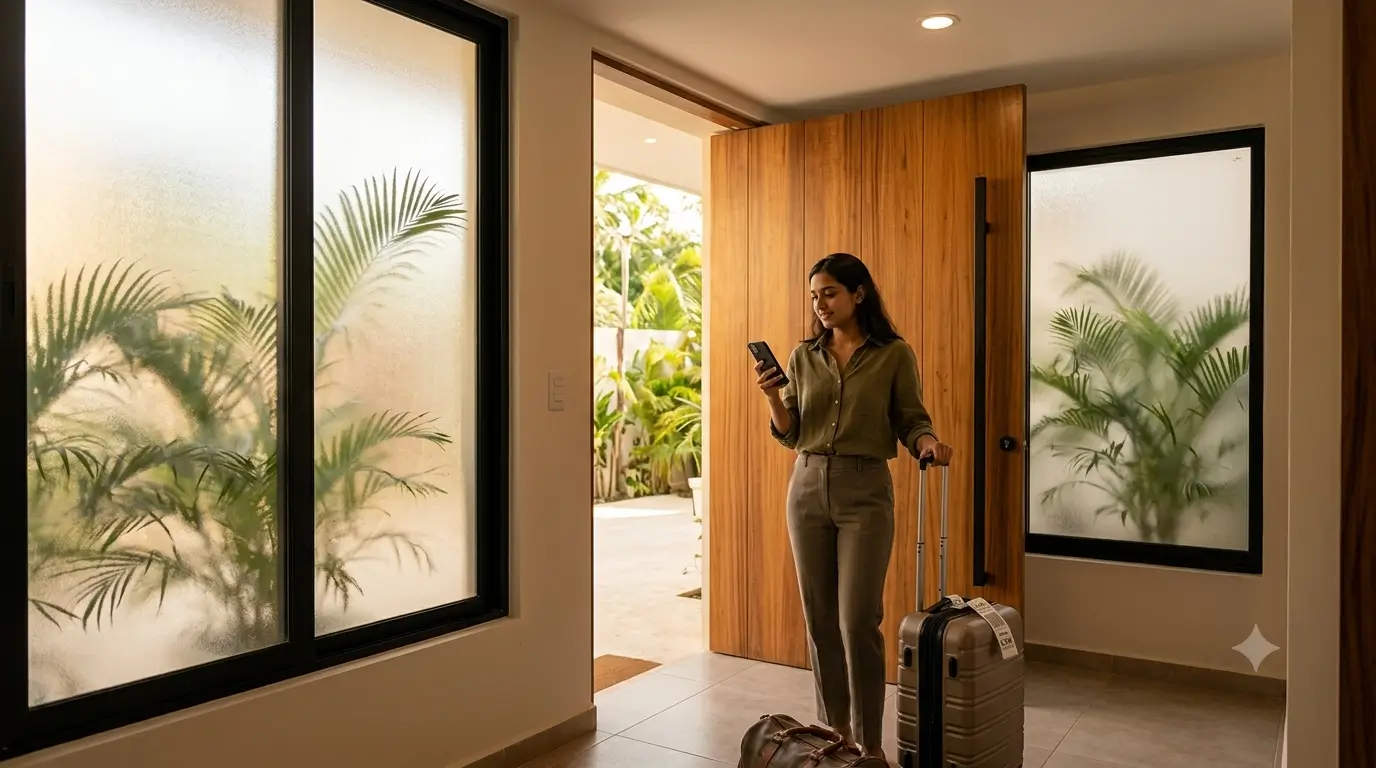 A vacation rental guest reading digital check-in instructions on their phone in their own language.