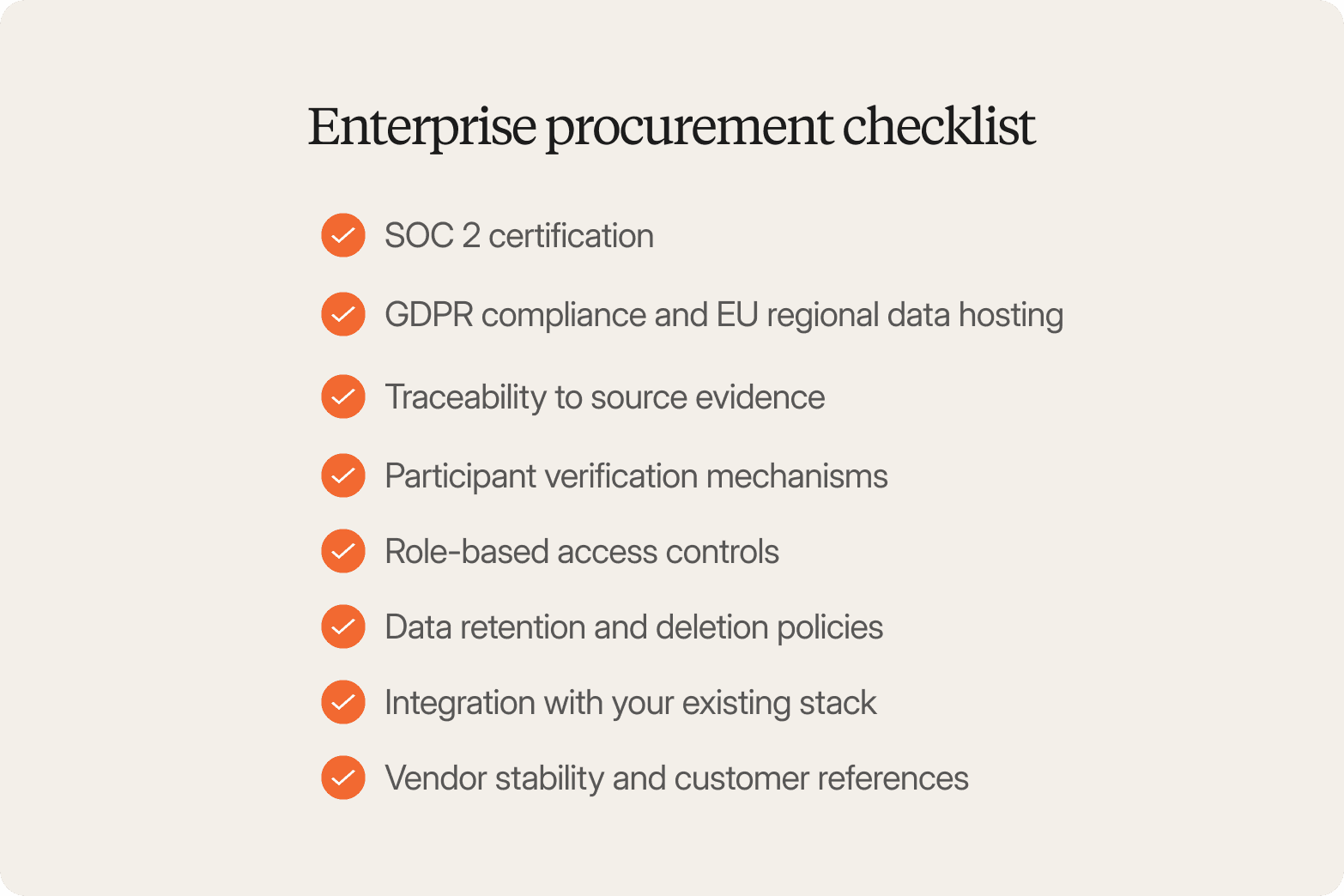 Cream-colored graphic titled "Enterprise procurement checklist" with eight orange checkmark items: SOC 2 certification, GDPR compliance and EU regional data hosting, traceability to source evidence, participant verification mechanisms, role-based access controls, data retention and deletion policies, integration with existing stack, and vendor stability and customer references.