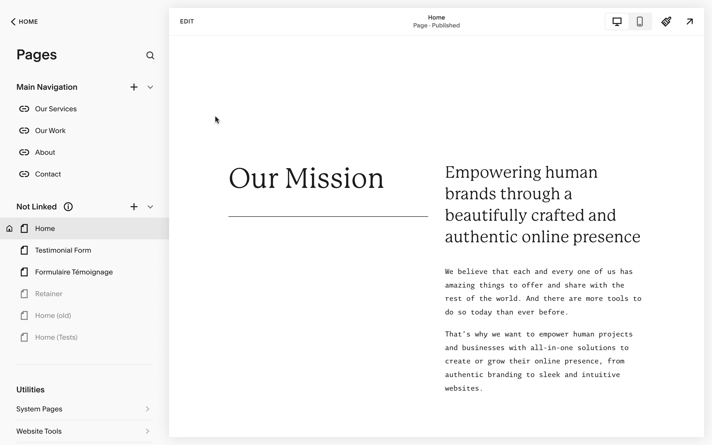 The Squarespace Pages interface.