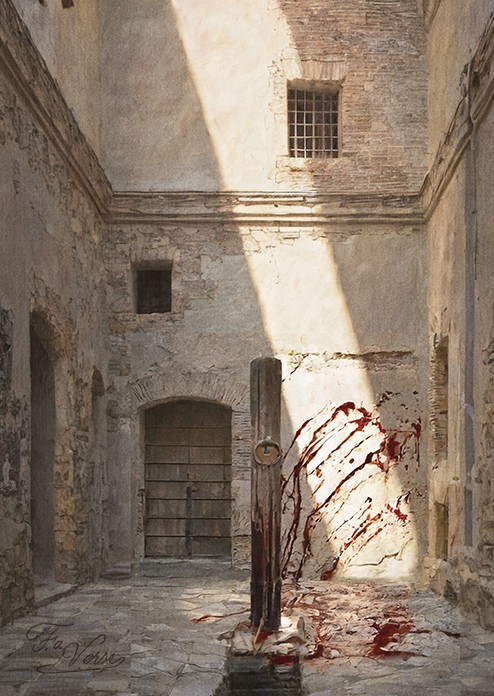 Sacred artwork by Faith and Verse. © Faith and Verse, 2026. All rights reserved. Bloodstained scourging post in Roman prison courtyard, Via Flaminia, Rome, c. 269 AD.
