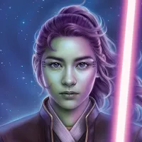 Jedi Knight Vernestra Rwoh with green skin and a purple lightsaber