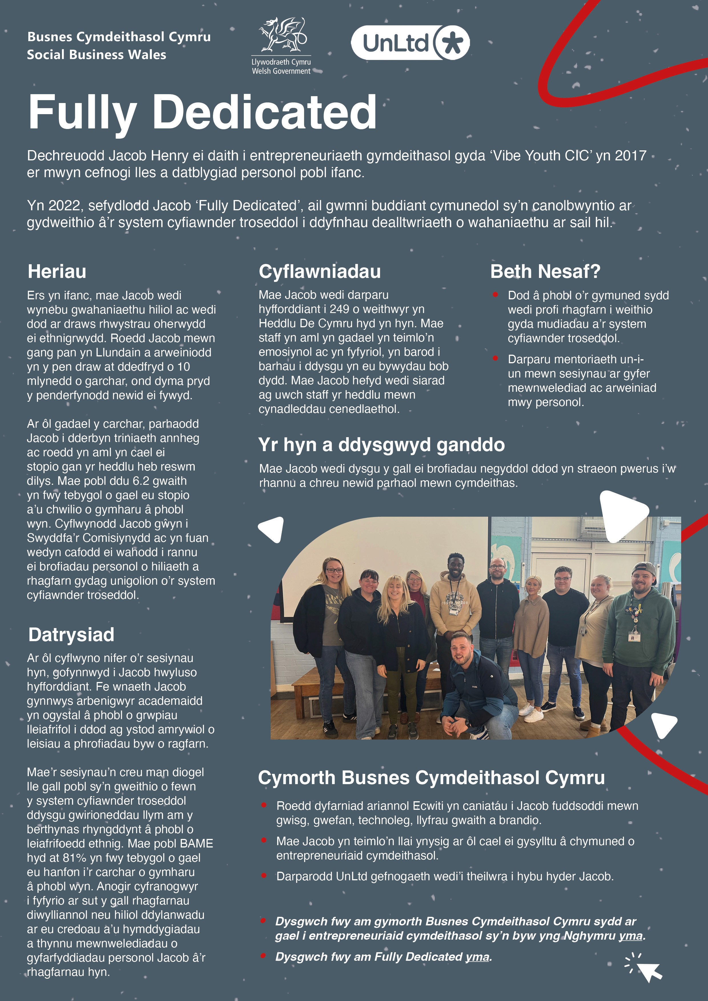 A mainly grey case study for UnLtd with accents of red swirling lines, columns of text in Welsh and an image of a group of people having their photo taken.