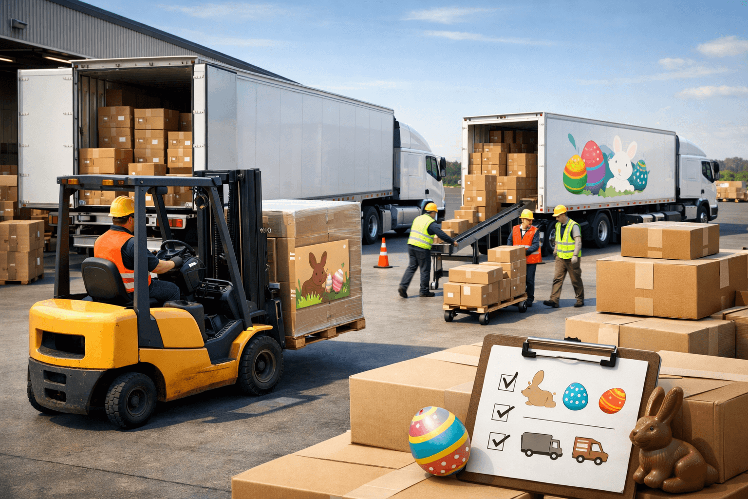 Distribuição logística em centro de carga durante a Páscoa, com caminhões de entrega sendo carregados com caixas por operadores e empilhadeira. O ambiente é um pátio de distribuição com trabalhadores usando equipamentos de segurança, pallets organizados e caixas empilhadas. Alguns elementos visuais discretos de Páscoa aparecem nas embalagens e em ícones decorativos, indicando o período sazonal, enquanto a operação de transporte e carregamento acontece de forma eficiente.