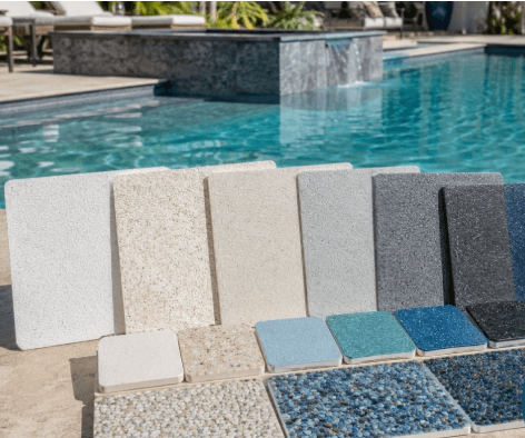 Samples of pool finishing materials with a pool background