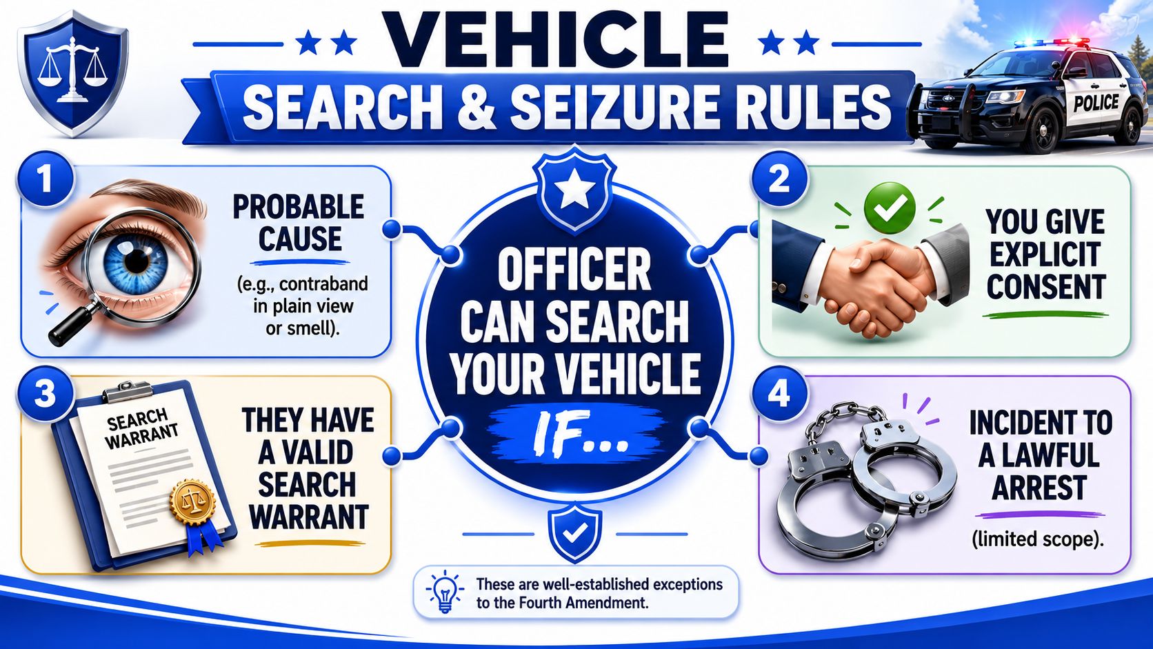 An infographic showing four legal exceptions when a police officer can search your vehicle during a traffic stop.