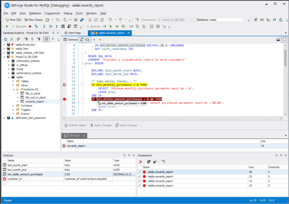 The dbForge Studio for MySQL query debugging.