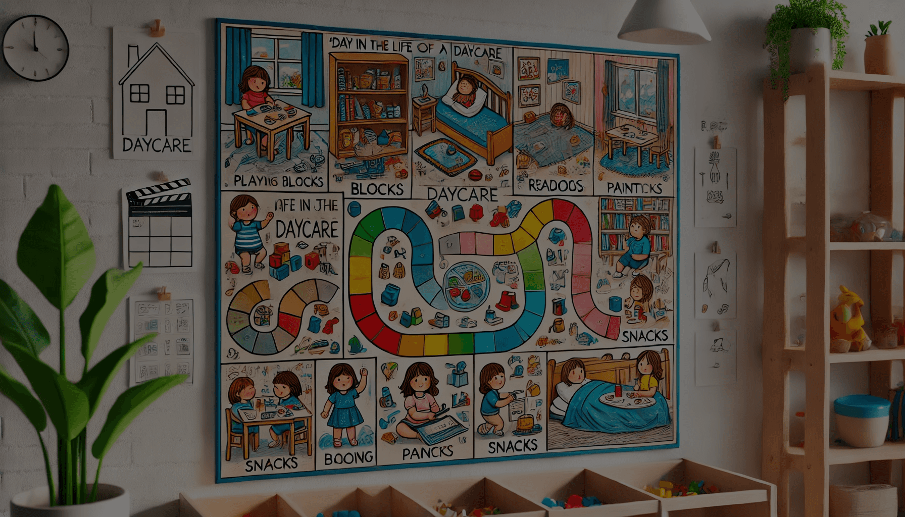 a colorful educational board on a wall 