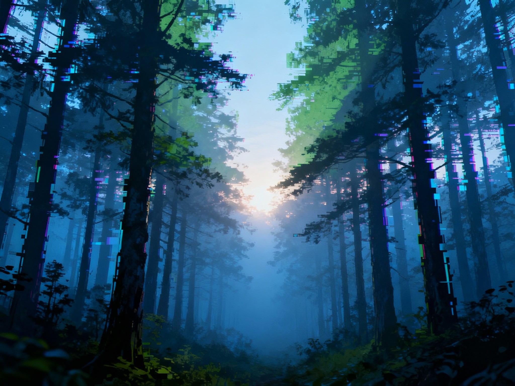 A fine-art illustrated portrayal of a misty forest at dawn, with VHS-filtered glitch effects