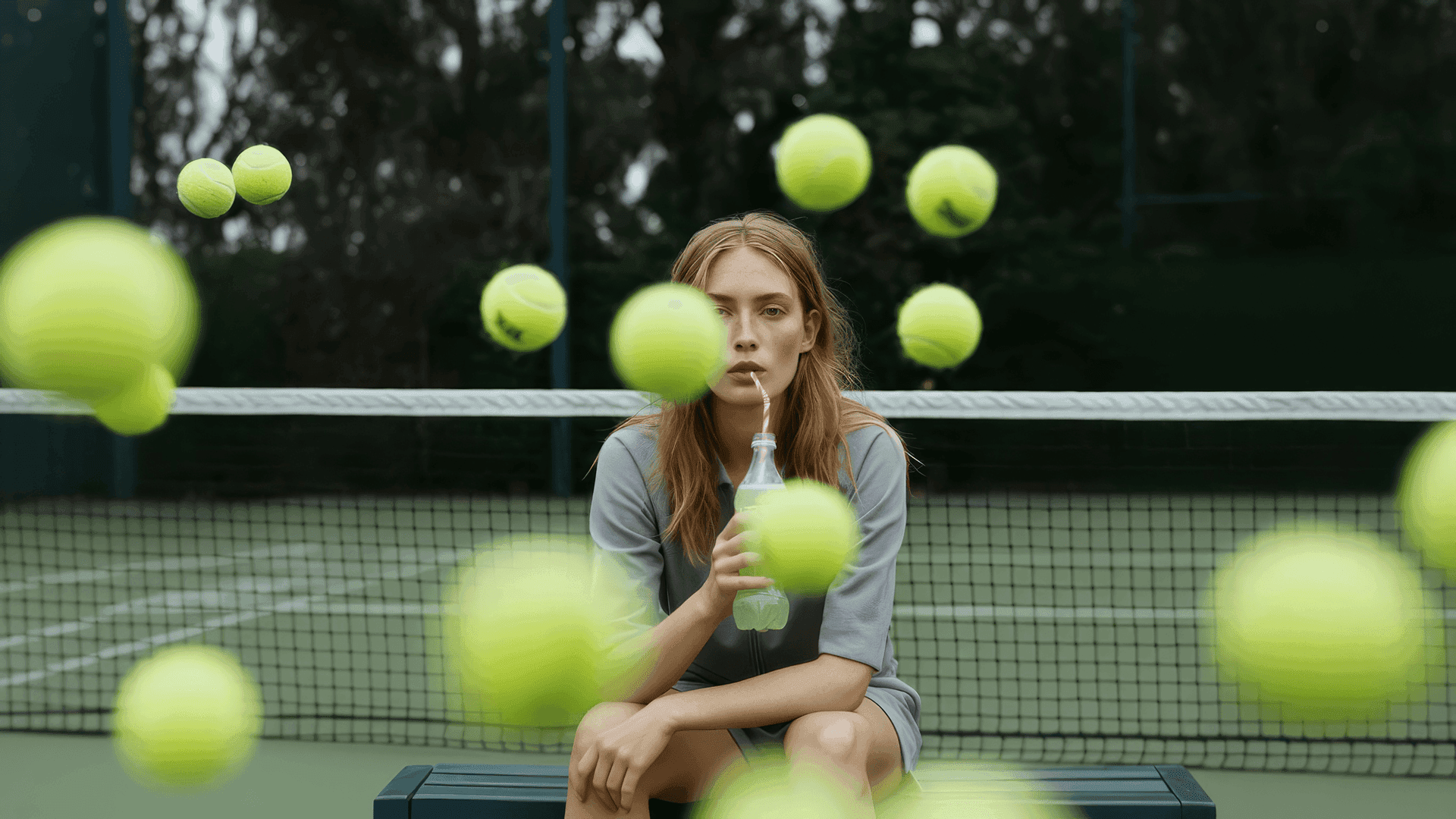 Wide shoot of a women sipping schweppes with a straw on a tennis court wih tennis balls flying around