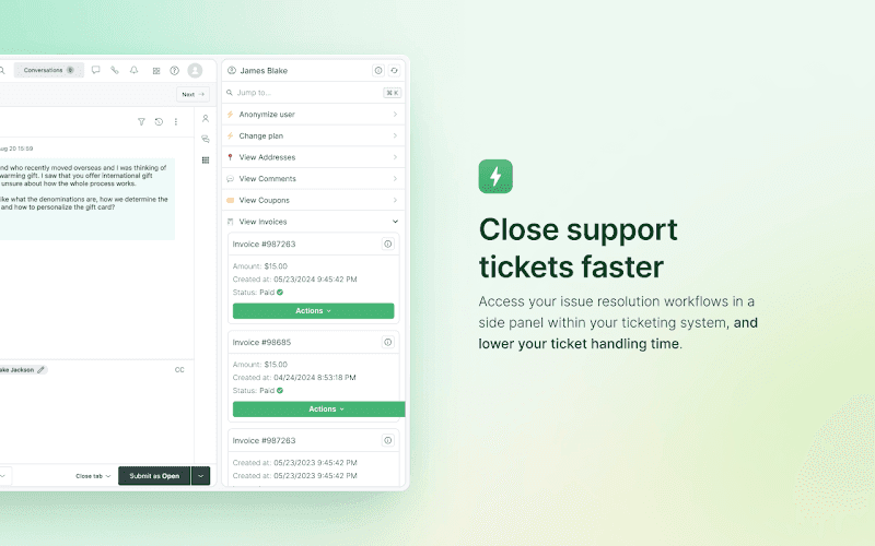 An illustration presenting Forest Assist - a side panel that opens next to the ticketing system. There is also a headline 'Close support tickets faster'