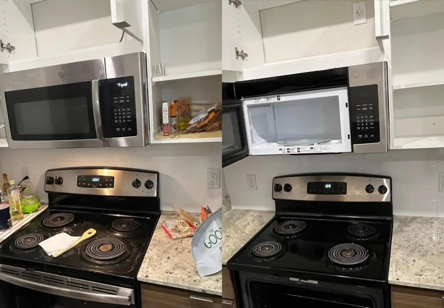Before and after of a kitchen for a move in / move out clean going from dirty to spotless.