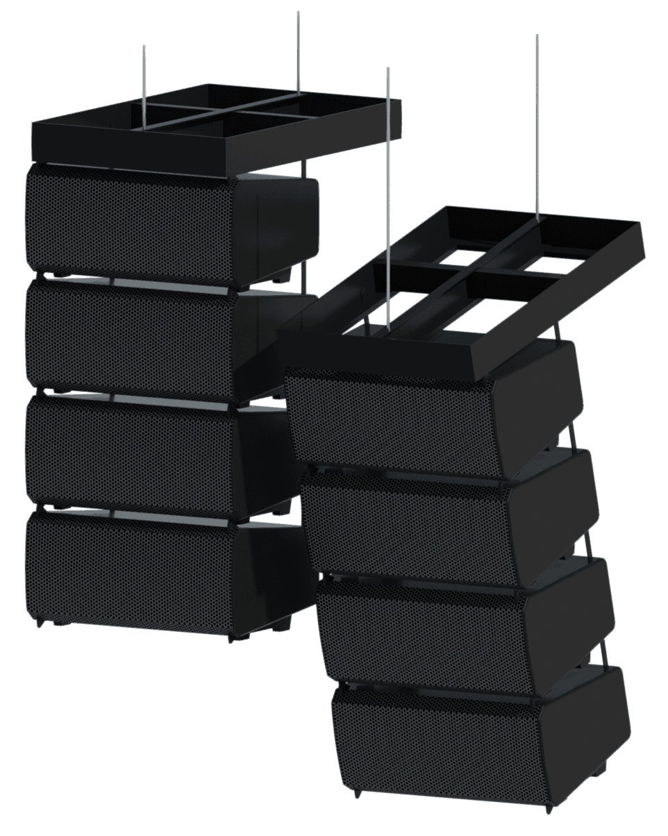 PL Series flown line array with variable frame offset and overall pitch.