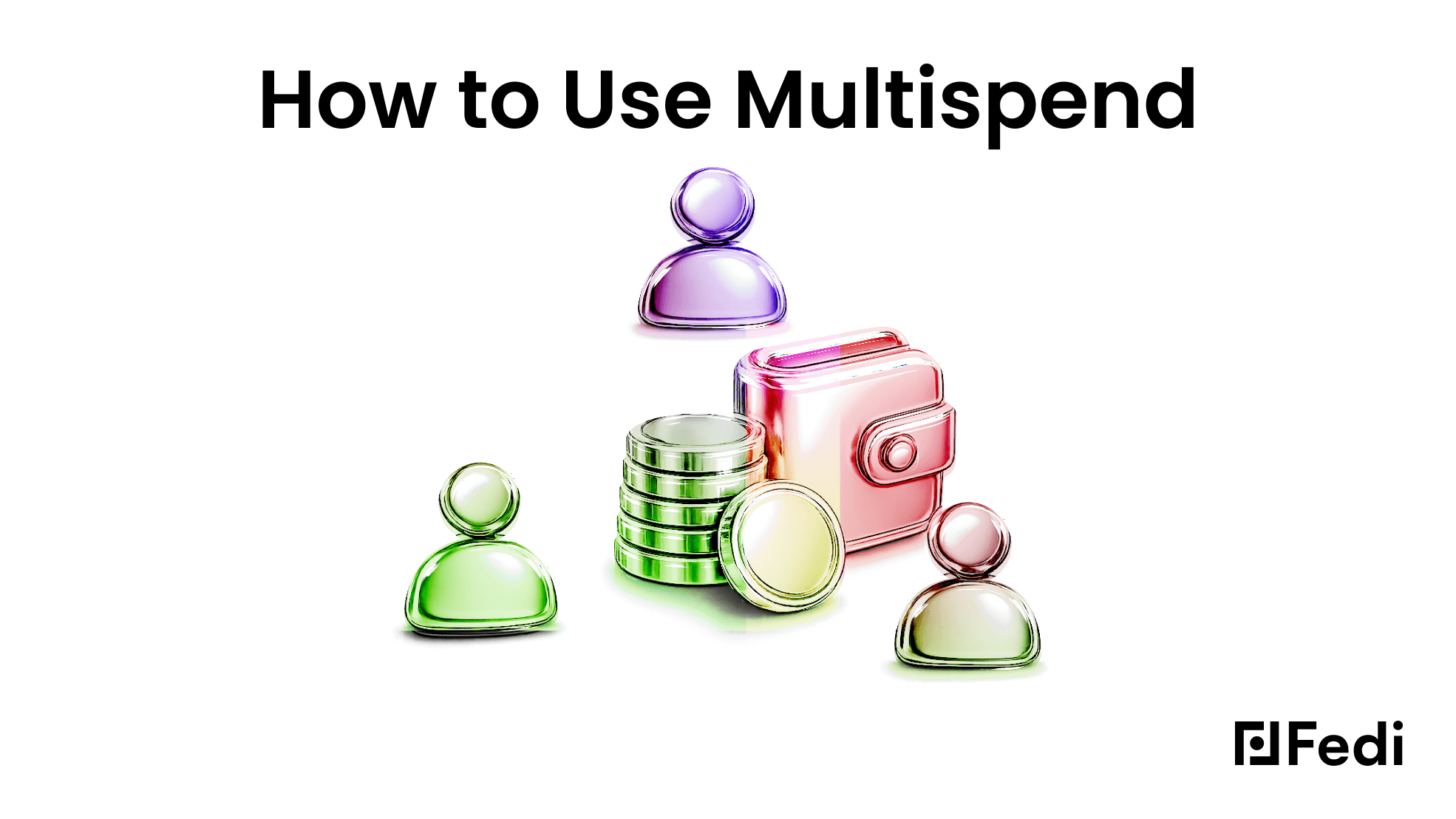 Fedi Como usar o Multispend – três usuários em torno de uma carteira compartilhada e uma pilha de moedas, representando uma carteira coletiva de Bitcoin gerenciada pelos membros do grupo.