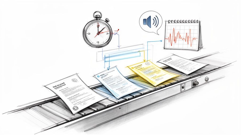 An illustrative sketch showing a stopwatch, speaker, and data processing documents on a conveyor belt, representing automated hiring.