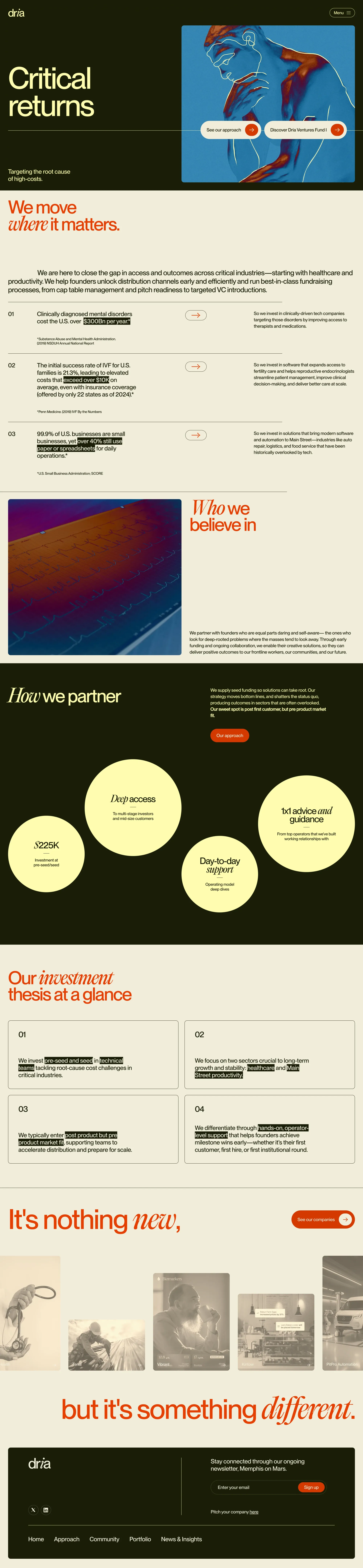 Dria Ventures landing page screenshot showcasing Finance design