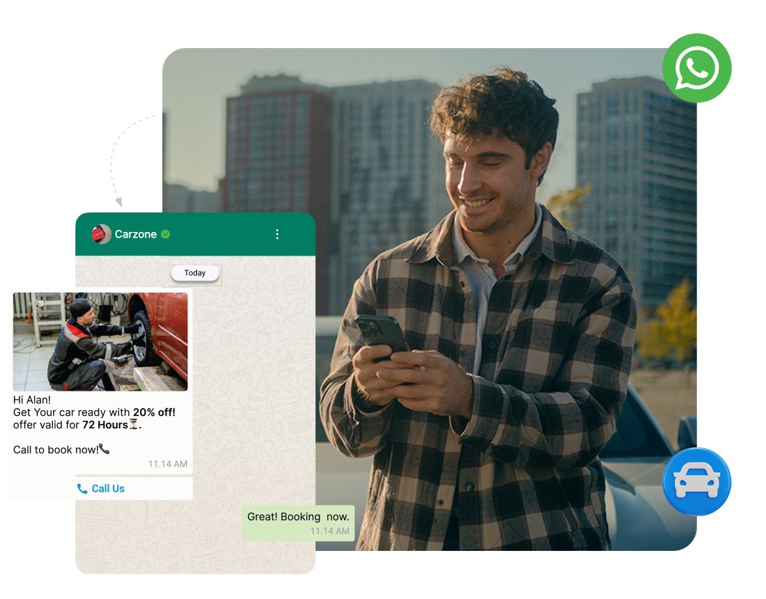 Man using a smartphone to book car services via WhatsApp, showcasing a promotional offer for car repair with 20% discount, urban background with parked cars