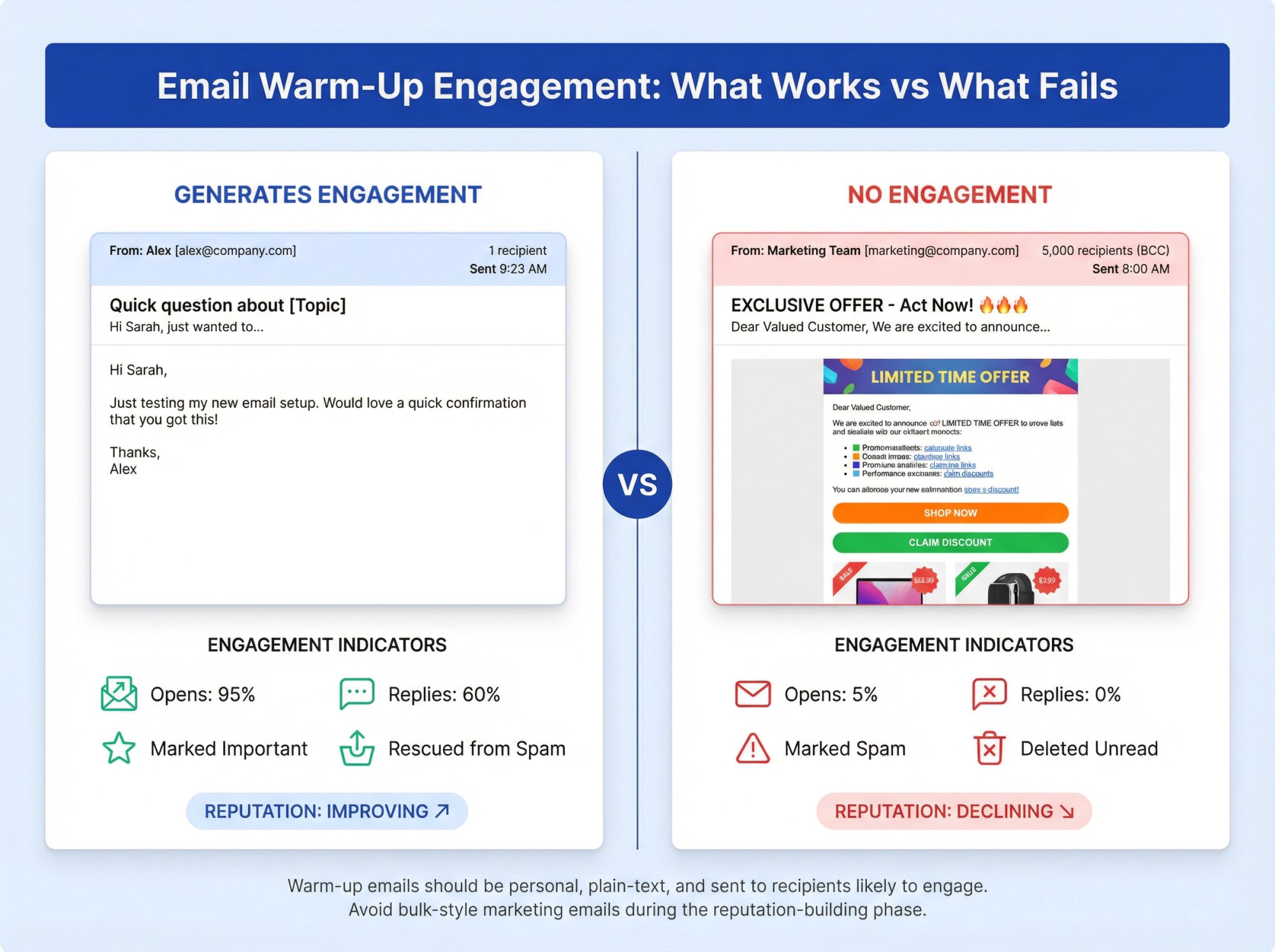 Split comparison showing personal warm-up email getting positive engagement vs bulk marketing email being ignored