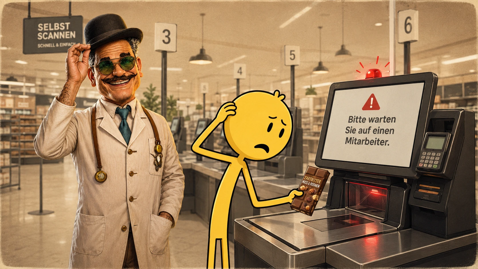 Harald wartet an einer Selbstscannerkasse auf einen Mitarbeiter, während Moty zusieht.