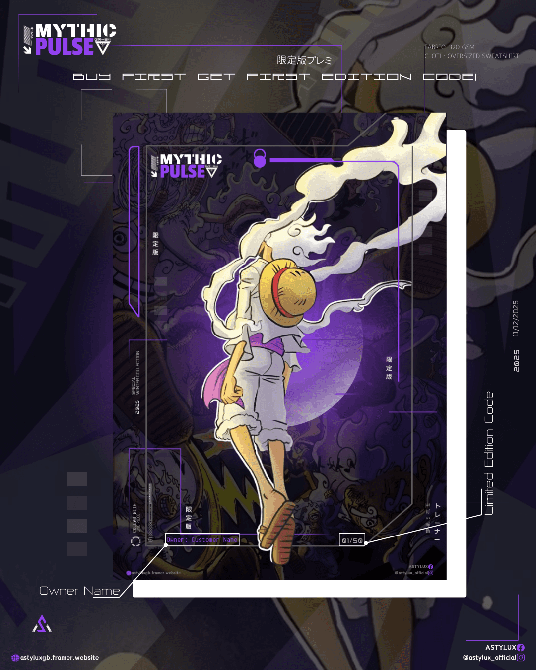 Mythic Pulse Black - Limited Edition One Piece Luffy Gear 5 Inspired Sweatshirt Ownership Card