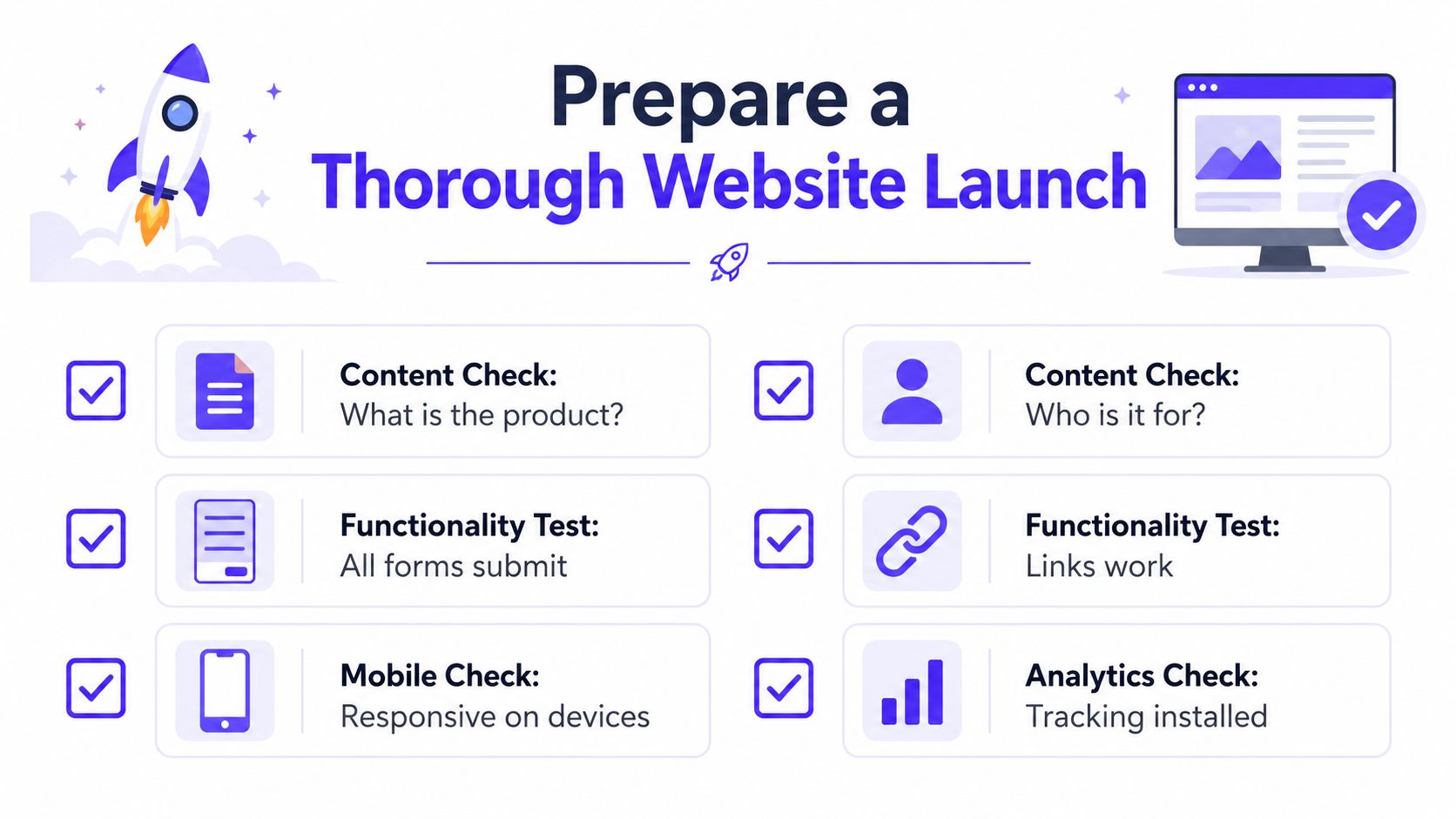 A checklist infographic outlining essential steps for a successful website launch including content, functionality, and analytics.